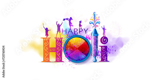 Vector illustration of Holi. Indian traditional Holi festival fun party dance and celebration background. Greeting card, poster, banner and creative concept design. photo