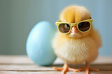 A cute chick wearing sunglasses, standing in front of colorful easter eggs, Easter theme background