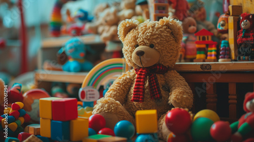 A collection of classic toys like teddy bears, wooden blocks, and old-fashioned dolls. Generative AI