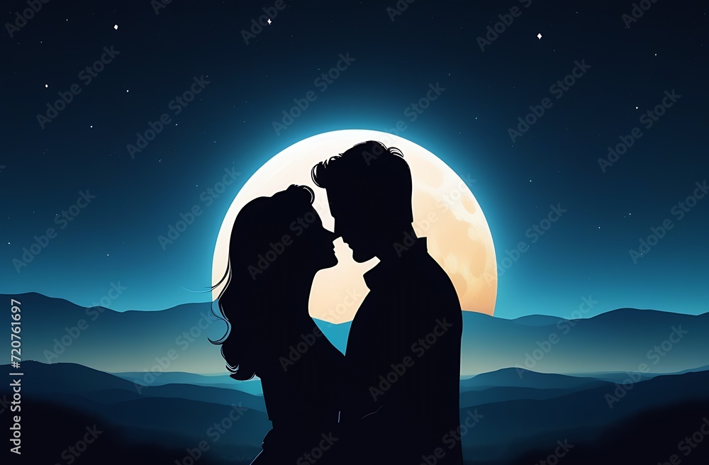 Romantic couple in love embracing each other on the moonlight supermoon