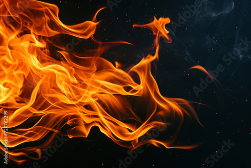 Orange flames, fire in front of a black background