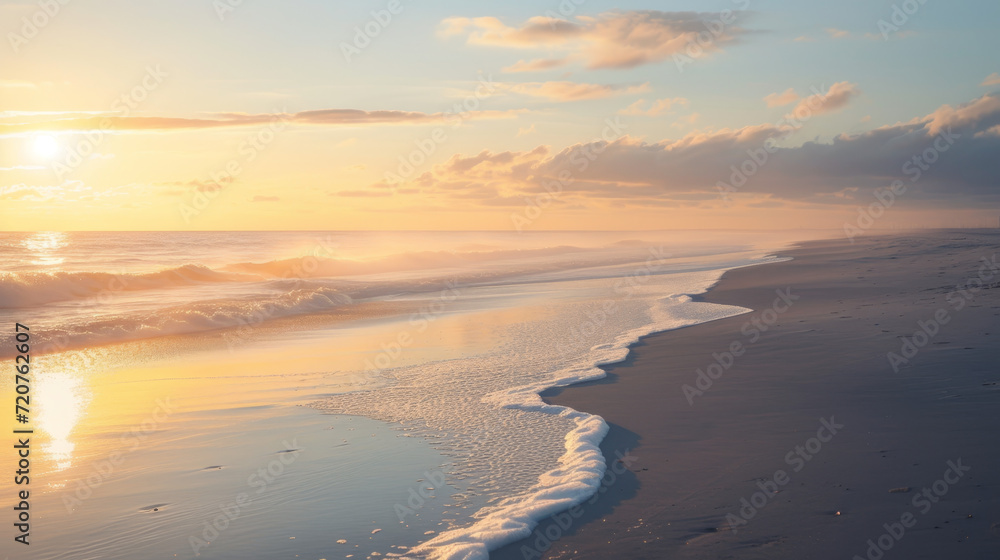 A serene and empty beach at sunrise.