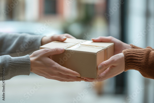 A close-up view of a package exchange Hand-to-Hand Package Delivery.

