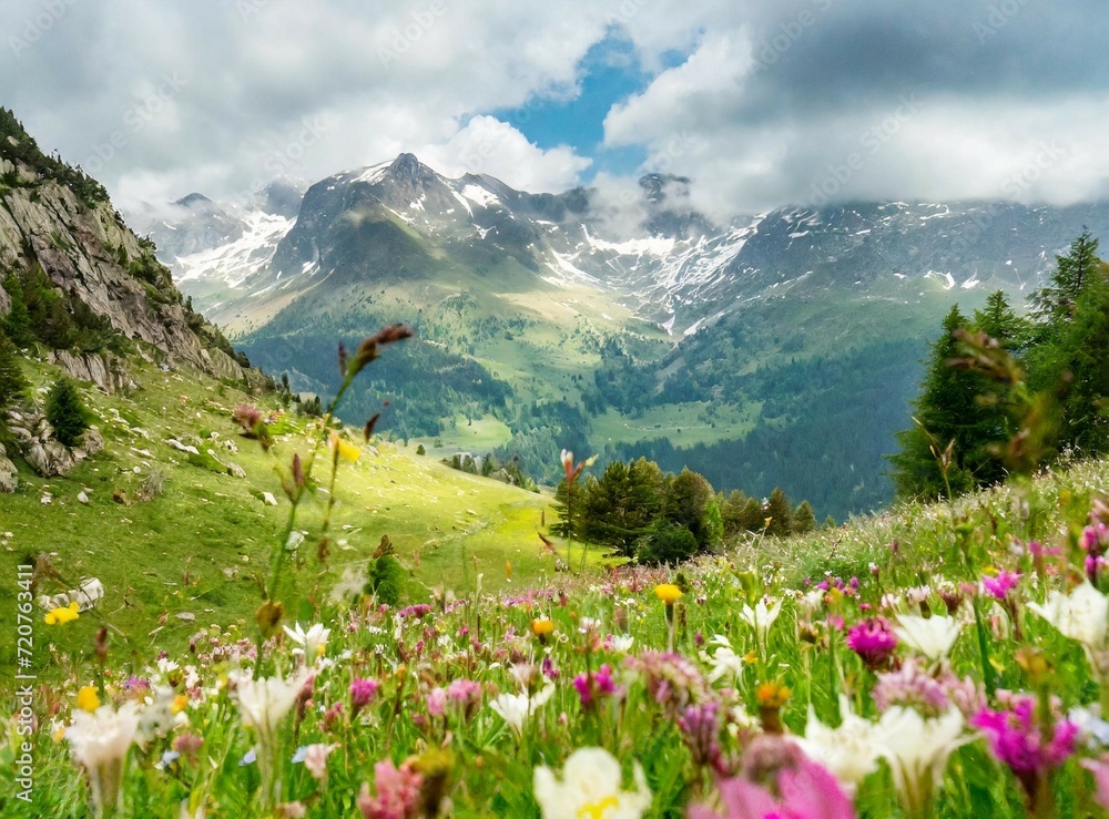 Meadow with flowers on the mountains wallpaper