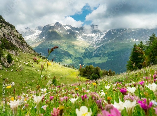 Meadow with flowers on the mountains wallpaper