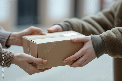 A close-up view of a package exchange Hand-to-Hand Package Delivery.   © Peeradontax