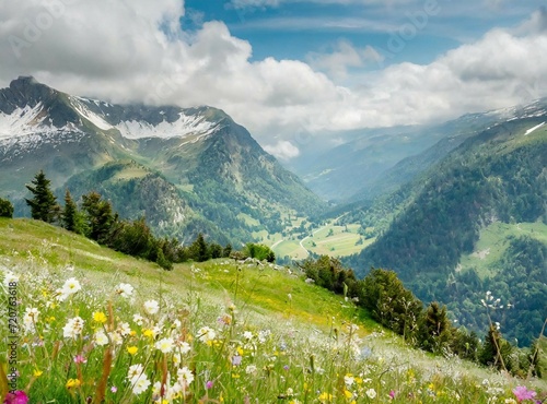 Meadow with flowers on the mountains wallpaper