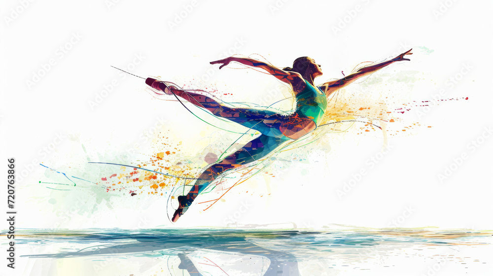 Fototapeta premium Graceful ballet dancer silhouette with a multicolored splash effect, capturing the essence of dance and movement.