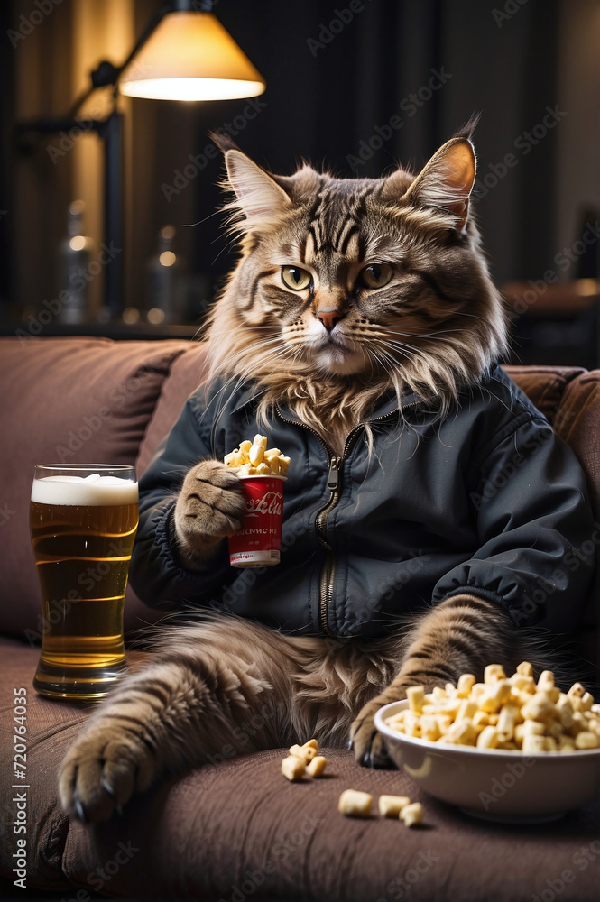 Cat with Popcorn and Beer
