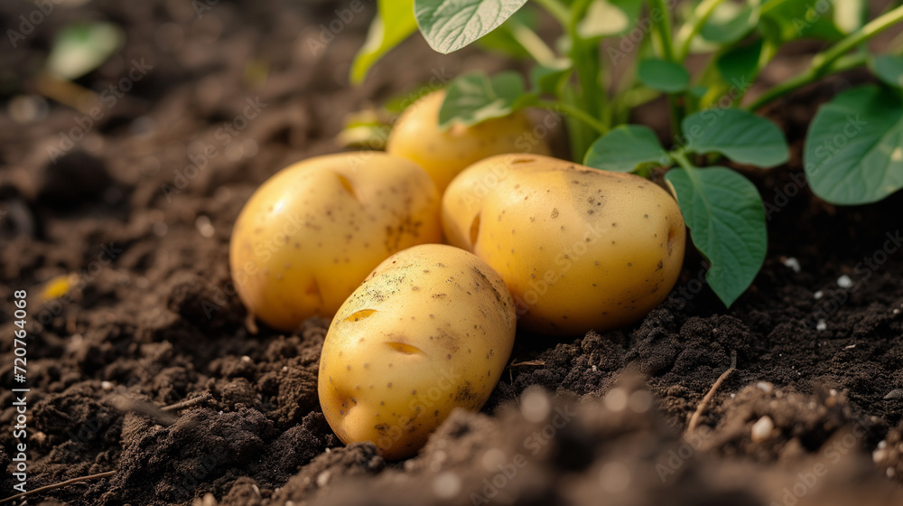 Close-up photograph of potatoes in the ground Close-up photograph of potatoes in the ground