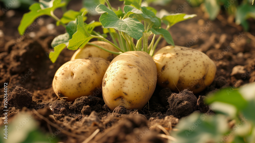Close-up photograph of potatoes in the ground Close-up photograph of potatoes in the ground