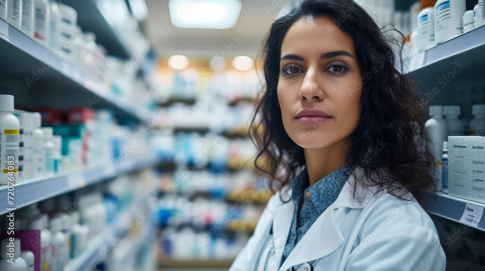 Closeup Portrait of a female pharmacist in a modern pharmacy, standing by the medication shelves and making eye contact with the camera, 