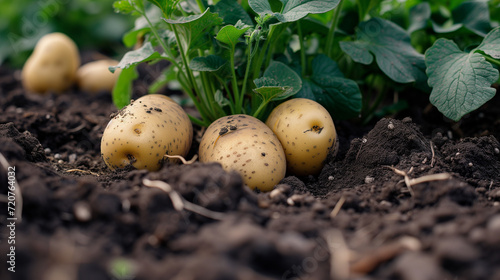 Close-up photograph of potatoes in the ground