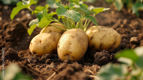 Close-up photograph of potatoes in the ground