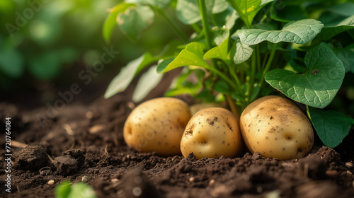 Close-up photograph of potatoes in the ground photo