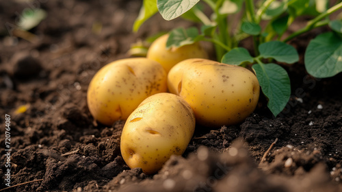 Close-up photograph of potatoes in the ground