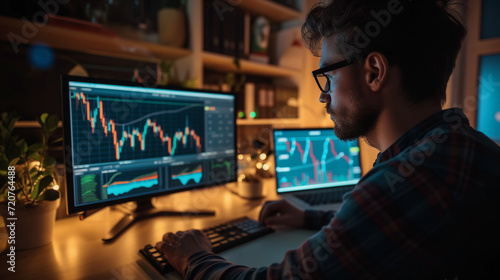Stock trader working with charts and market reports on computer screens in his home office