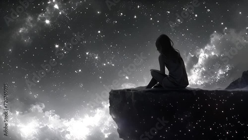 Anime girl looking at the sky and the stars. Lofi girl watching a fantasy landscape. Video for chill and relaxing lo-fi hip hop beats. Happy cartoon character stargazing. Romantic and lovely dream.  photo