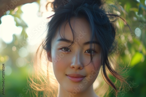 Close-up portrait of a young Asian womans face  sunlit with a gentle smile. Nature beauty. Concept of naivety and purity