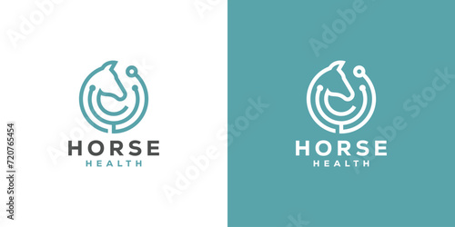 Creative Horse Health Logo. Horse and Stethoscope with Linear Outline Style Logo Icon Symbol Vector Design Template.