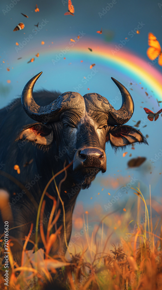 A Majestic Water Buffalo Standing Serenely in a Lush Green Field under a Vibrant Rainbow, Symbolizing Harmony and Strength