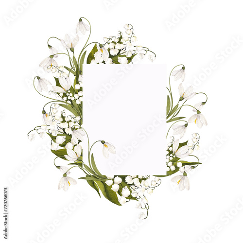 Watercolor hand draw frame with first spring flowers and leaves. Tulips, lilac, snowdrop, sakura, crocuses, pansies isolated on transparent background, PNG files. © марина васильева