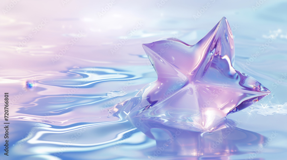 A 3d star icon, 3d icon, crystal glass material, mass effect, translucent material, light violet and light blue style, in surreal 3d landscape style, in futuristic colorful waves - obrazy, fototapety, plakaty 