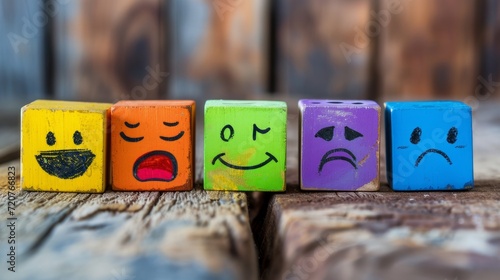 concept of Different emotions drawn on colorful cubes, wooden background photo