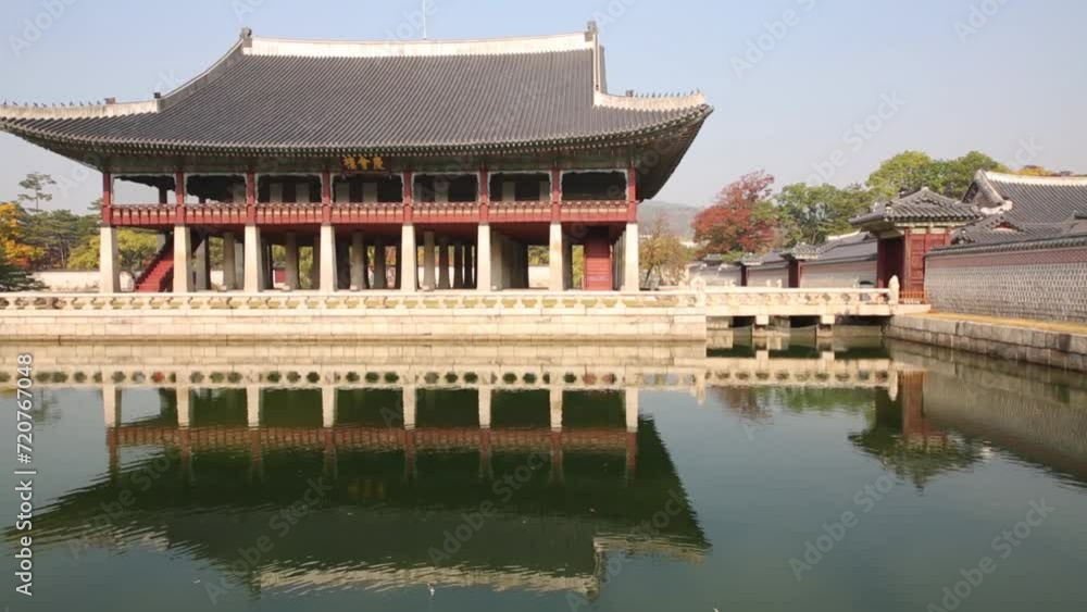 Building of palace on pond and bridge in Gyeongbokgung. Building of palace on pond and bridge in Gyeongbokgung.