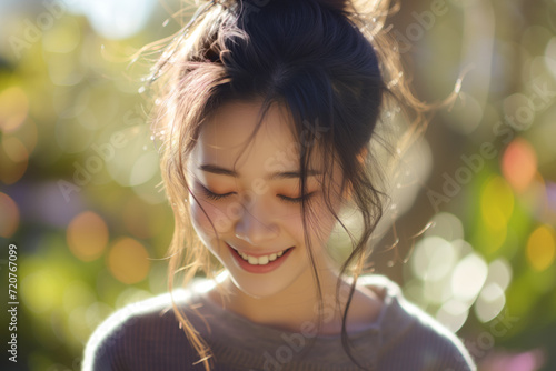 Close-up portrait of a young Asian womans face, sunlit with a gentle smile. Nature beauty. Concept of naivety and purity photo