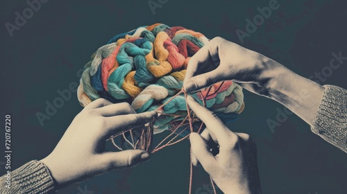 Contemporary art collage. Human hands knitting brain. Growing psychological and emotional stability. Abstract design. Concept of psychology, inner world, mental health, feelings. Conceptual art photo