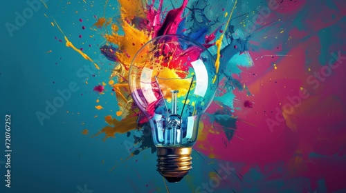 Obraz na plátně Creative colored light bulb explosion with shards and paint, a creative idea