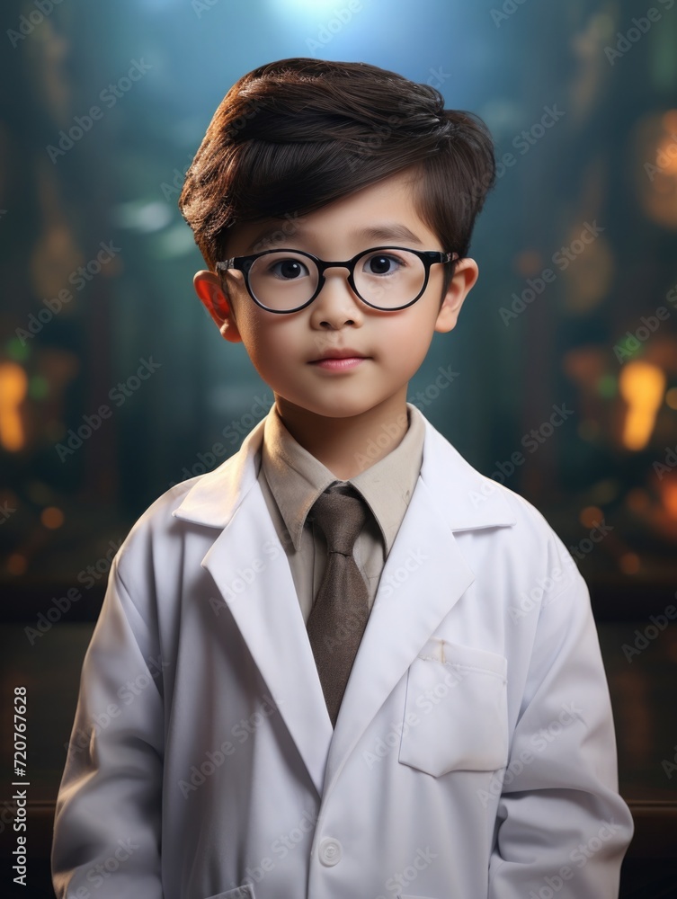 boy, child student scientist or doctor, wearing a white gown, standing. science and study. portrait one person boy, child student scientist or doctor, wearing a white gown, standing. science and study. portrait one person