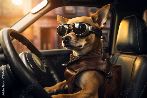 portrait illustration of a dog with sunglasses in car. Created with Generative AI   © agrus_aiart