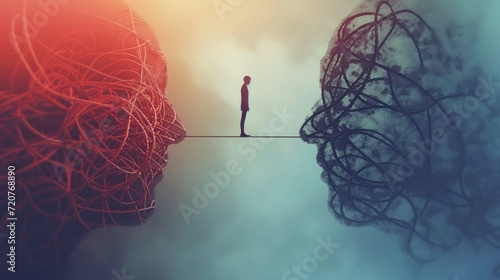 Emotional intelligence, balance emotion. Man walk thin rope with bad and good emotions. Unstable mental state and tight emotion control. Psychological and mental stability. Mindful calm, harmony photo