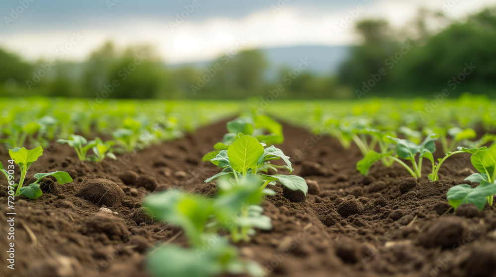 Tiny plant sprouts coming up from the ground on sprawling farmland Tiny plant sprouts coming up from the ground on sprawling farmland