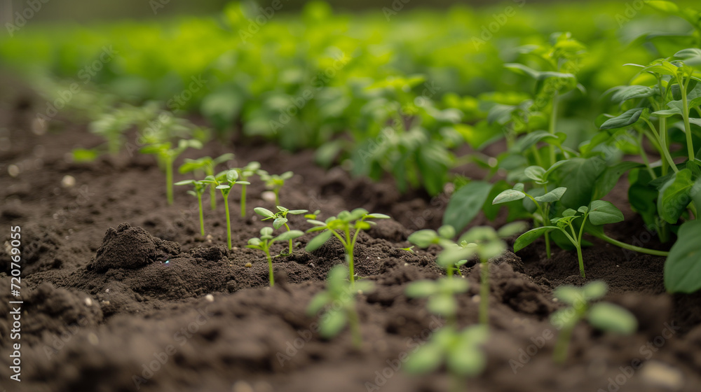 Tiny plant sprouts coming up from the ground on sprawling farmland Tiny plant sprouts coming up from the ground on sprawling farmland