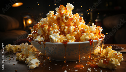 Fresh gourmet popcorn, a sweet indulgence for movie night generated by AI