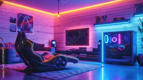 Gamer ergonomic chair with remote controller car, wireless VR and entertainment gadget in neon light room photo