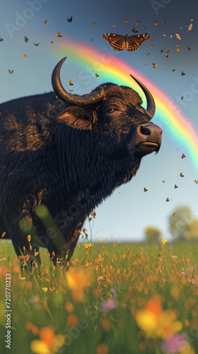 A Majestic Water Buffalo Standing Serenely in a Lush Green Field under a Vibrant Rainbow, Symbolizing Harmony and Strength