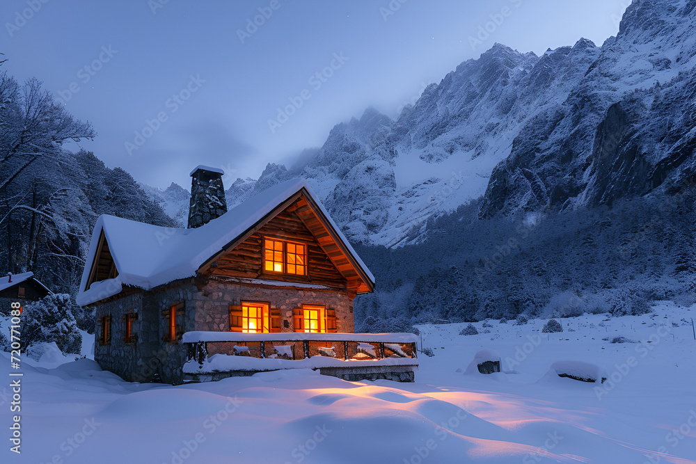 A cozy cabin in a snowy mountain landscape, with a warm glow and a starry night sky. Created with generative AI.