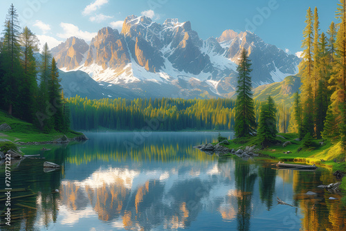 A serene mountain lake with tall pine trees and snow-capped peaks reflecting in the calm waters. Created with generative AI.