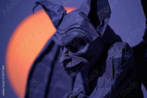 A close-up of a spooky gargoyle statue against a moonlit sky photo