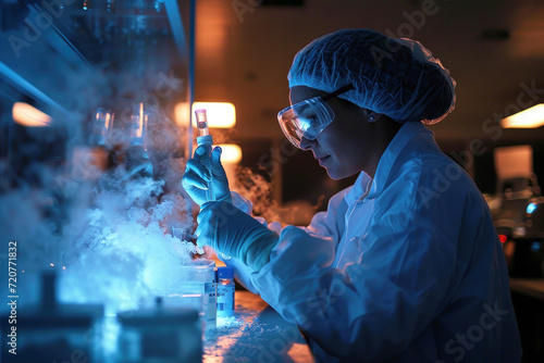 Female medical worker puts test tube with frozen egg donation in cryo storage in IVF laboratory. Cryopreservation in Liquid Nitrogen cryostorage in dark lab. Concept of research, sample, sperm photo