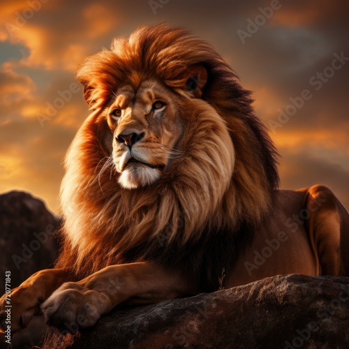 A majestic lion sits on a rocky outcrop, gazing into the distance. Its golden mane blows in the wind © Vladyslav  Andrukhiv
