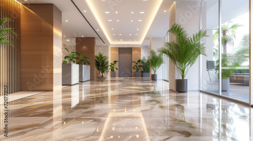 Modern interior of luxury office hall, clean shiny brown floor and green plants in lobby of commercial building. Concept of marble tile, hallway, service, company, contemporary design. photo