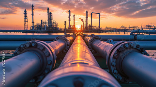 Factory pipeline and buildings at sunset, crude gas and oil pipes of refinery plant or petrochemical industry. Scenery of steel tube lines and sky. Concept of energy, power photo
