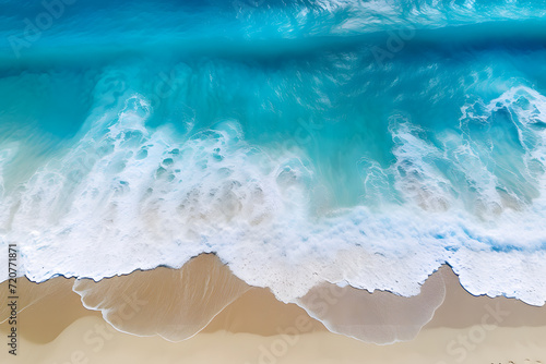 Aerial view of the beautiful bright sea with waves splashing and beach sand. Bright Blue Crystal Clear Water and White Sandy beach. Summer and travel vacation. Aerial drone landscape. Generative Ai