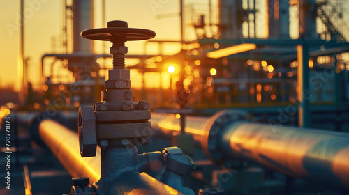 Factory pipeline with valve at sunset, crude gas and oil pipes of refinery plant or petrochemical industry. Scenery of steel tube lines. Concept of energy, power, background photo