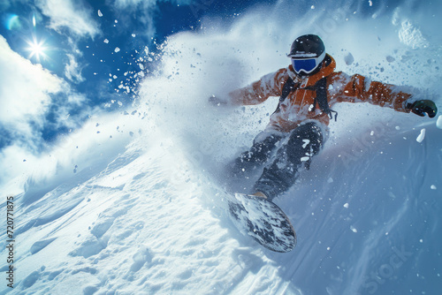 Snowboarder going down ski slope on snow background, man in mask rides snowboard spraying powder in winter. Concept of sport, extreme, speed, downhill, piste, splash © scaliger